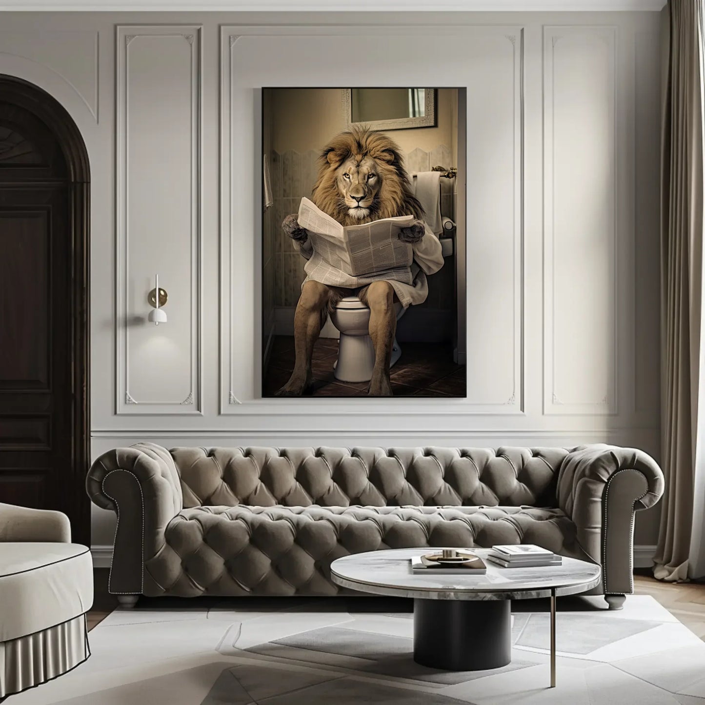 Majestic Lion Reading Newspaper On The Toilet Animal Lovers Gift Canvas Painting Funny Bathroom Art Framed Print Toilet Humor Art Wall Art – Canvas Print