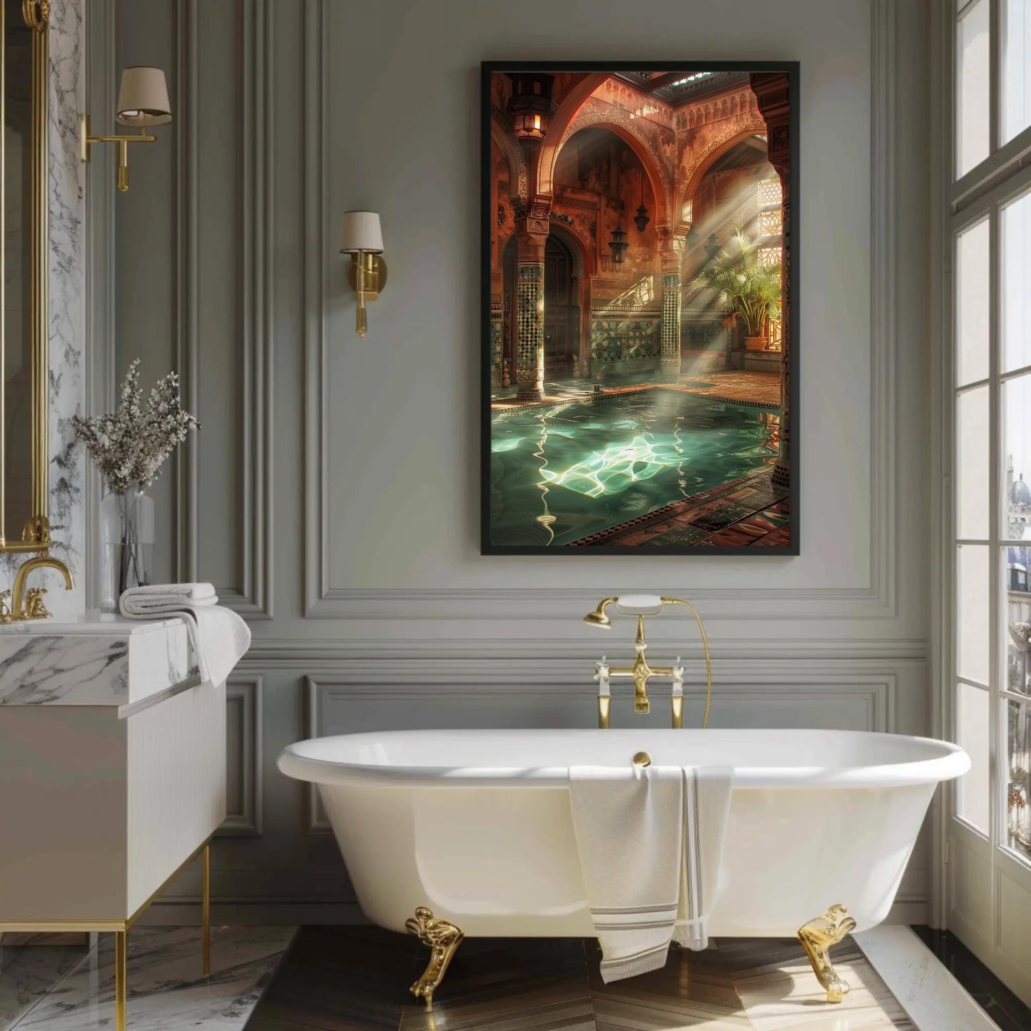 Moroccan Bath House , Hammam Islamic canvas wall art shown in a styled room (view 4)