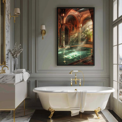 Moroccan Bath House , Hammam Islamic canvas wall art shown in a styled room (view 4)