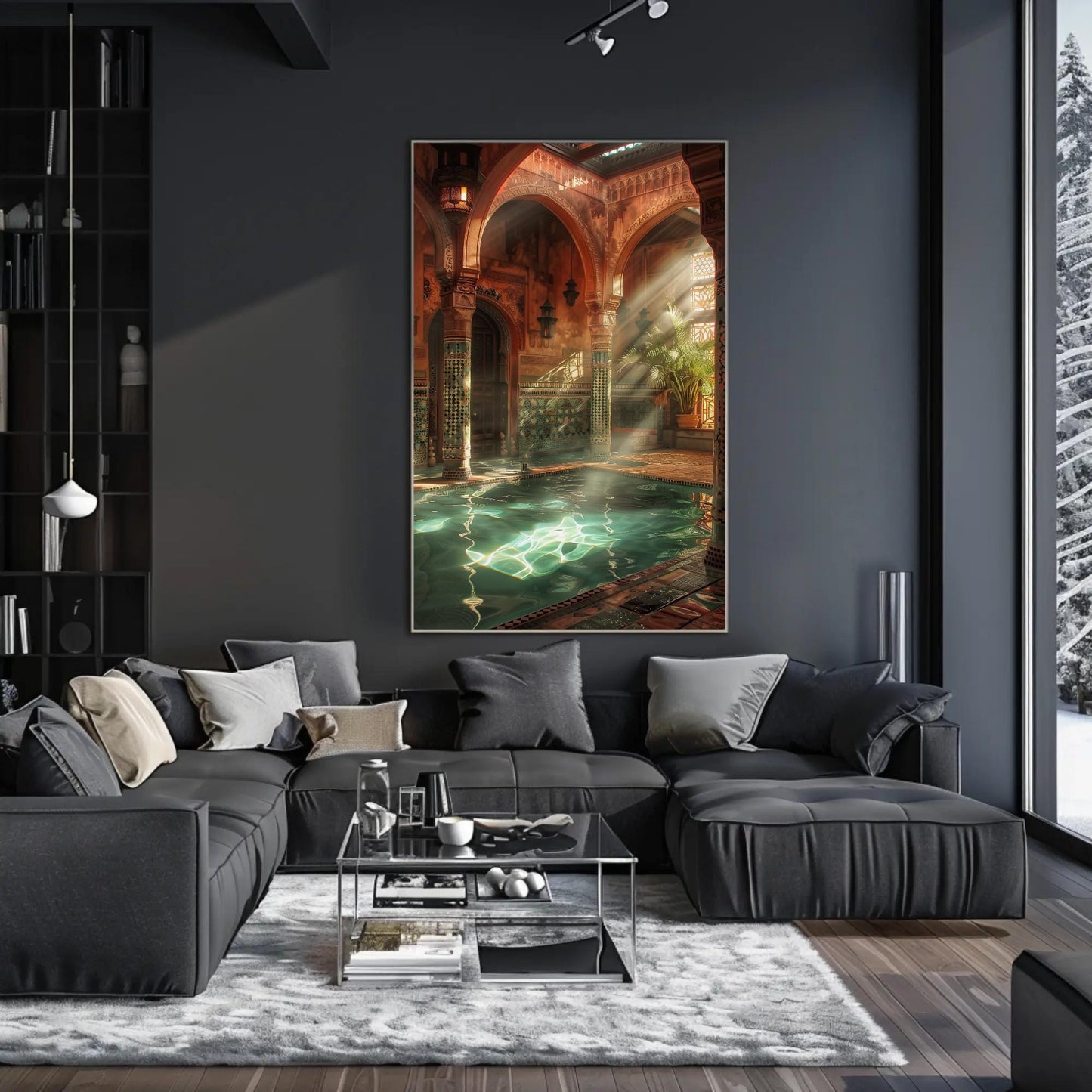 Moroccan Bath House , Hammam Islamic canvas wall art shown in a styled room (view 7)