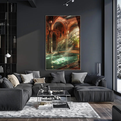 Moroccan Bath House , Hammam Islamic canvas wall art shown in a styled room (view 7)