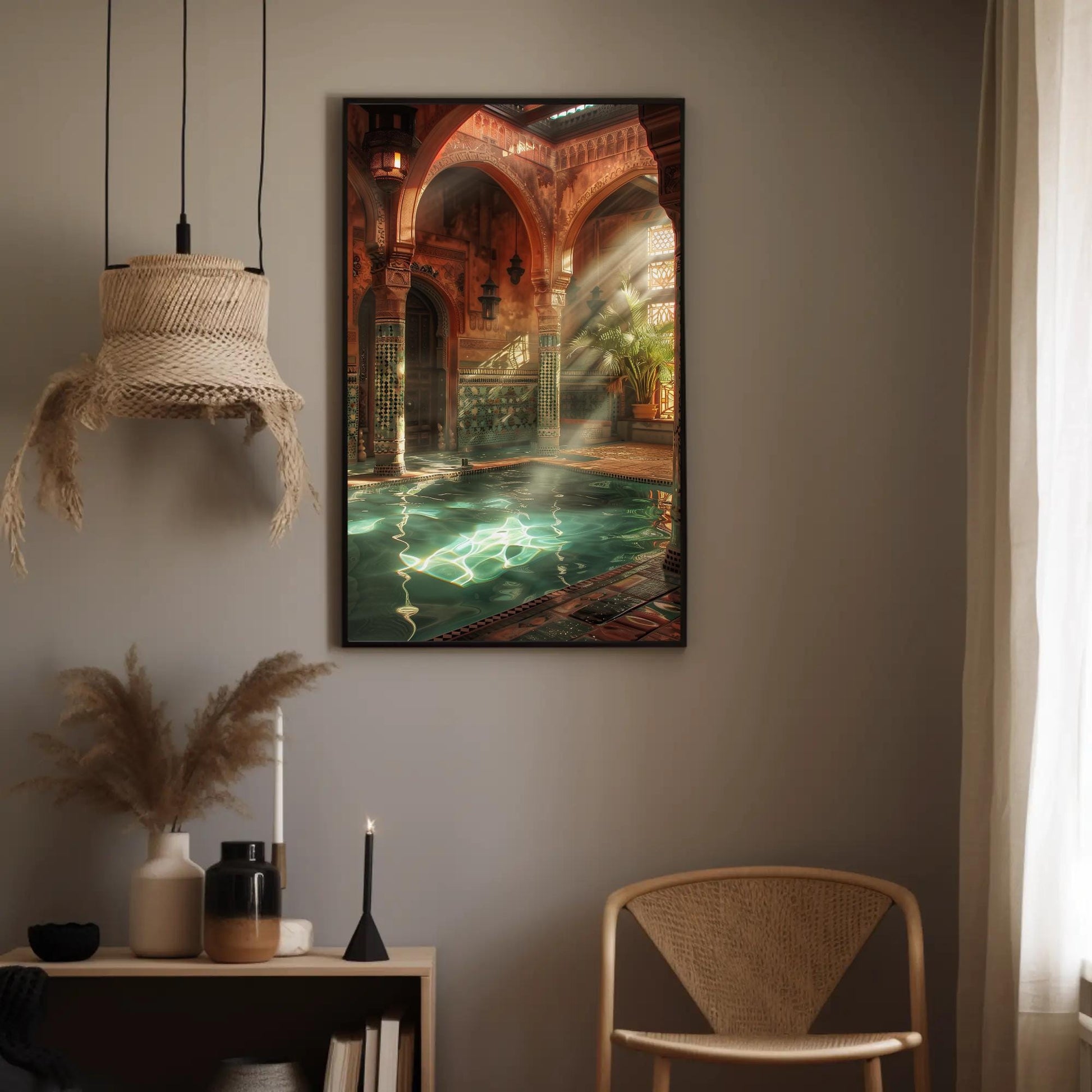 Moroccan Bath House , Hammam Islamic canvas wall art shown in a styled room (view 2)