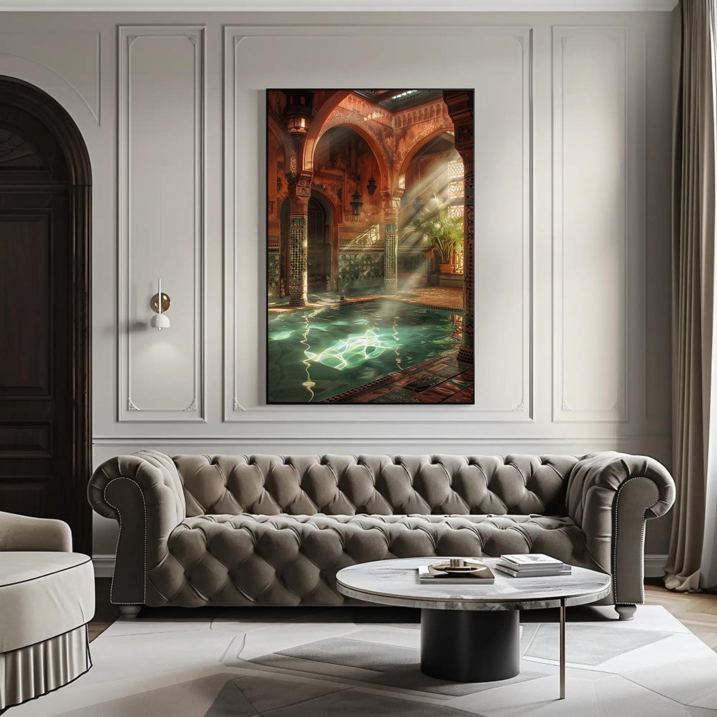 Moroccan Bath House , Hammam Islamic canvas wall art shown in a styled room (view 6)