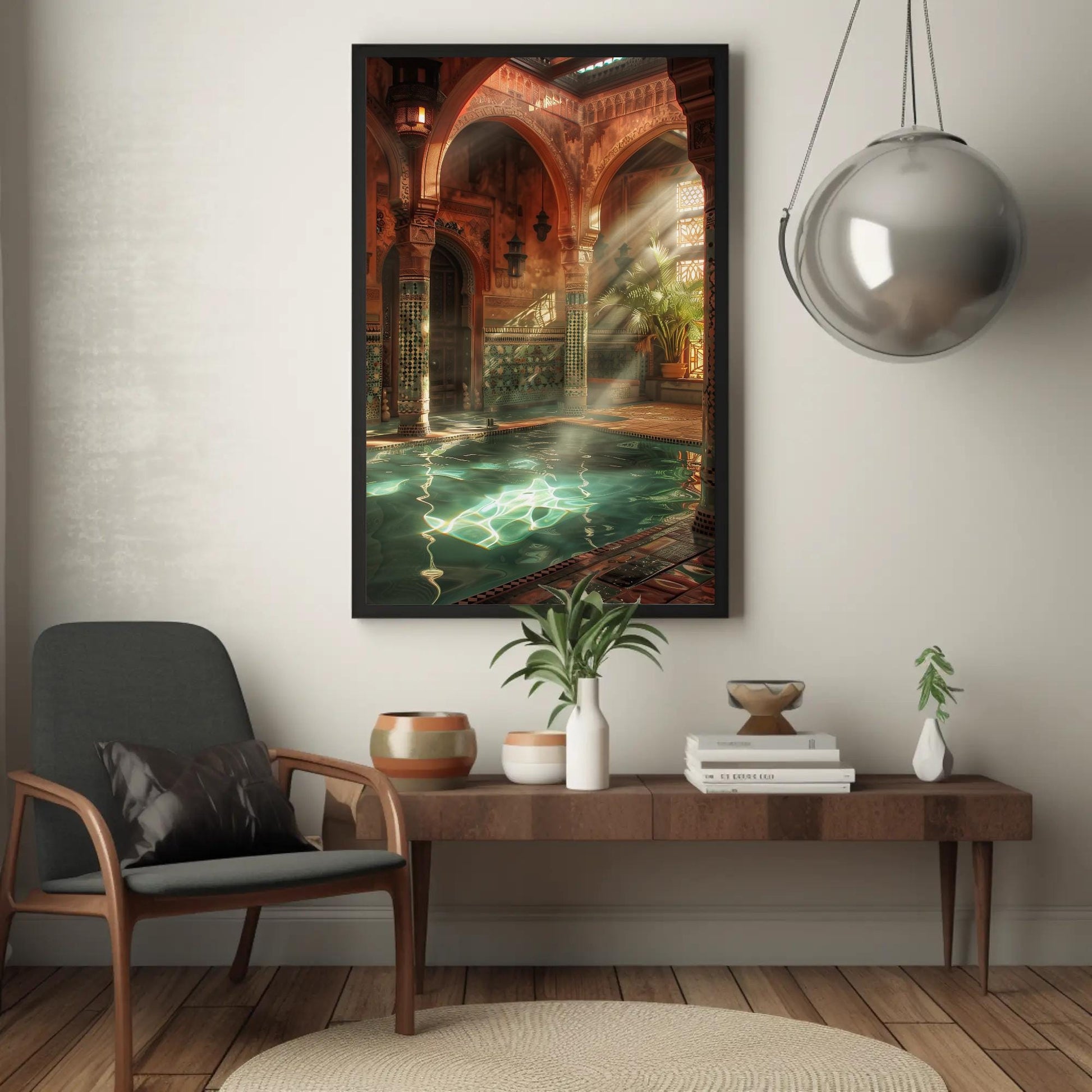 Moroccan Bath House , Hammam Islamic canvas wall art shown in a styled room (view 5)