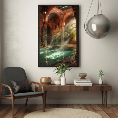 Moroccan Bath House , Hammam Islamic canvas wall art shown in a styled room (view 5)