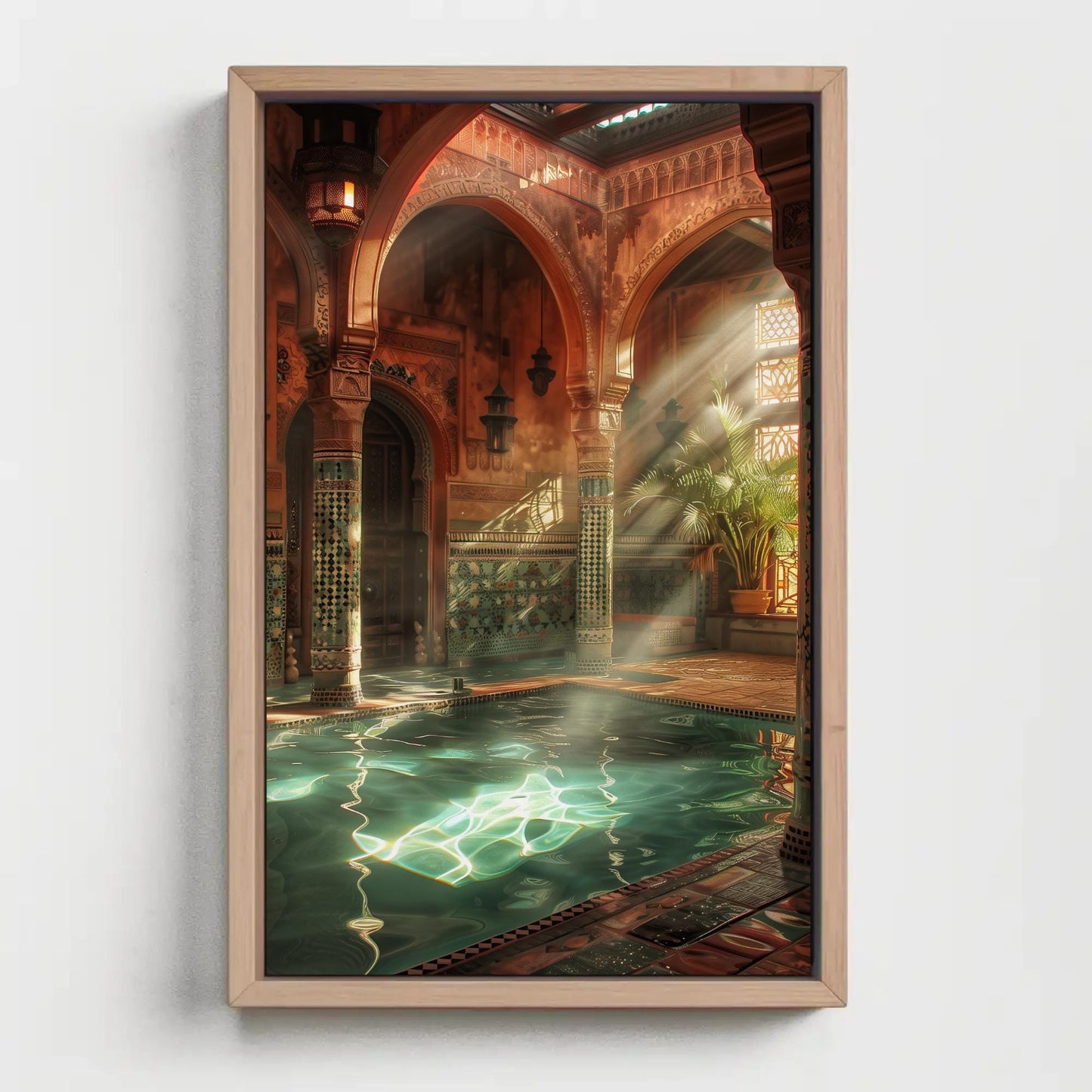 Moroccan Bath House , Hammam Islamic canvas wall art shown in a styled room (view 8)