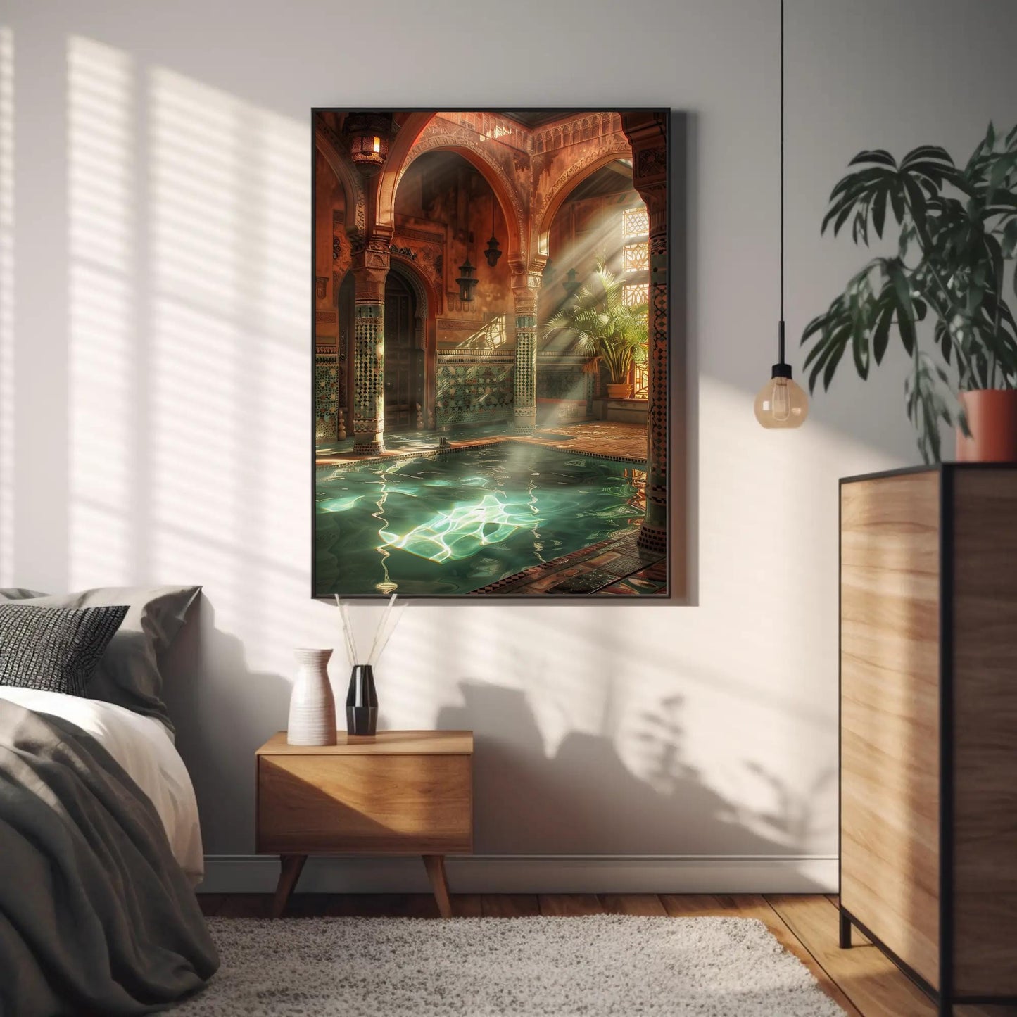 Moroccan Bath House , Hammam Islamic canvas wall art shown in a styled room (view 3)