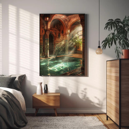Moroccan Bath House , Hammam Islamic canvas wall art shown in a styled room (view 3)