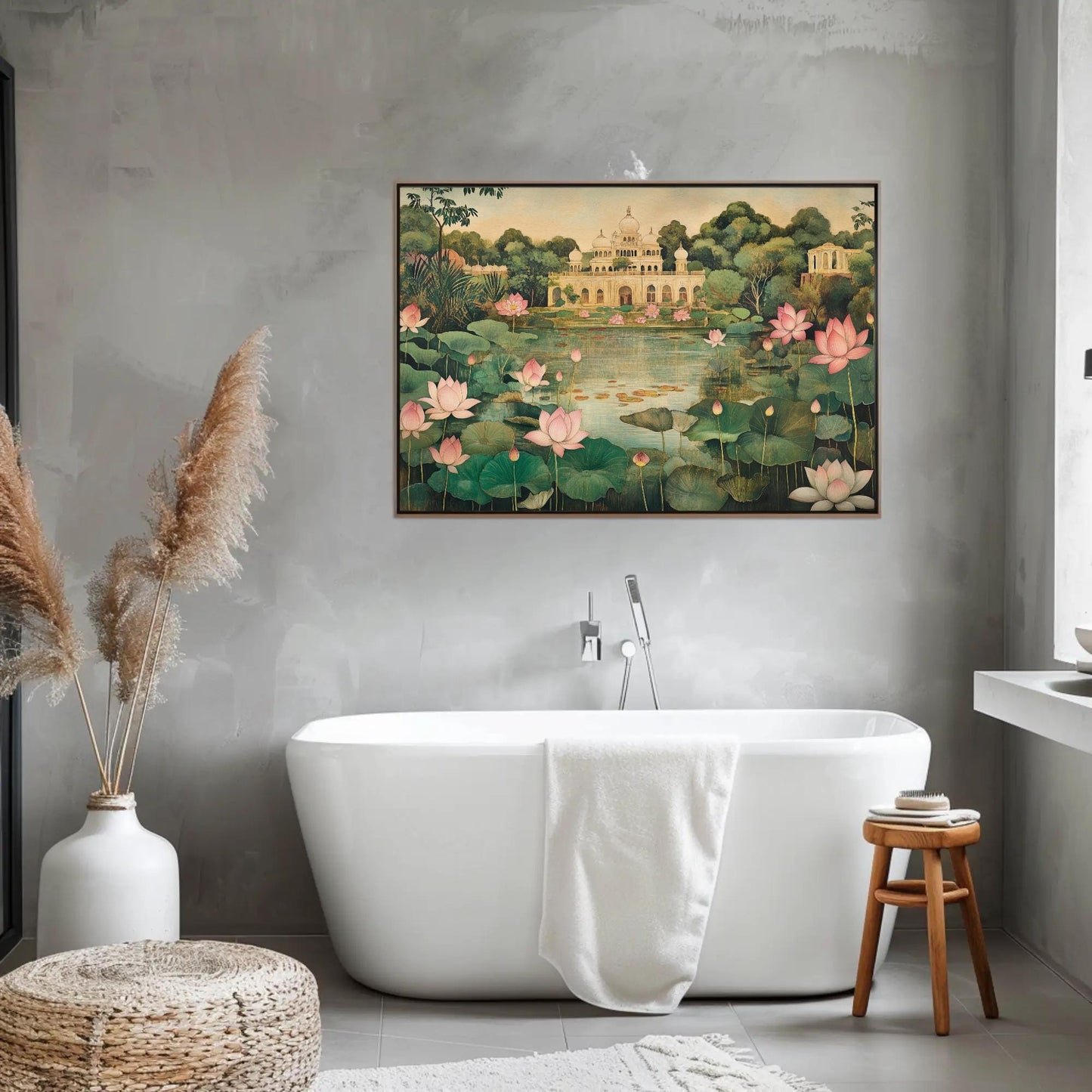 Mughal Garden Canvas Print, Indian Floral Lotus Pond Decor - Antarmada