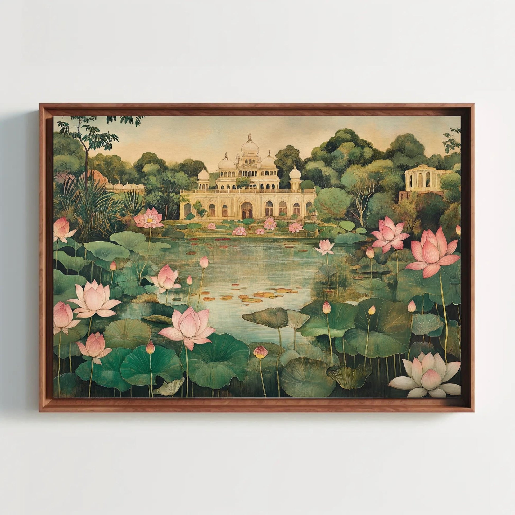 Mughal Garden Canvas Print, Indian Floral Lotus Pond Decor - Antarmada