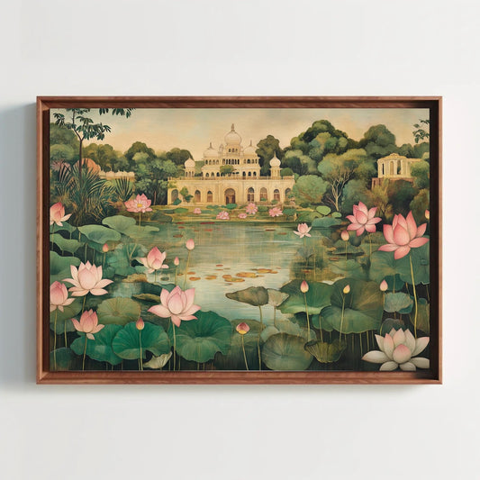 Mughal Garden Canvas Print, Indian Floral Lotus Pond Decor - Antarmada