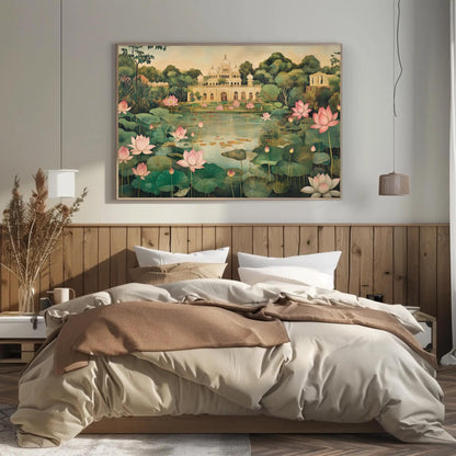 Mughal Garden Canvas Print, Indian Floral Lotus Pond Decor - Antarmada