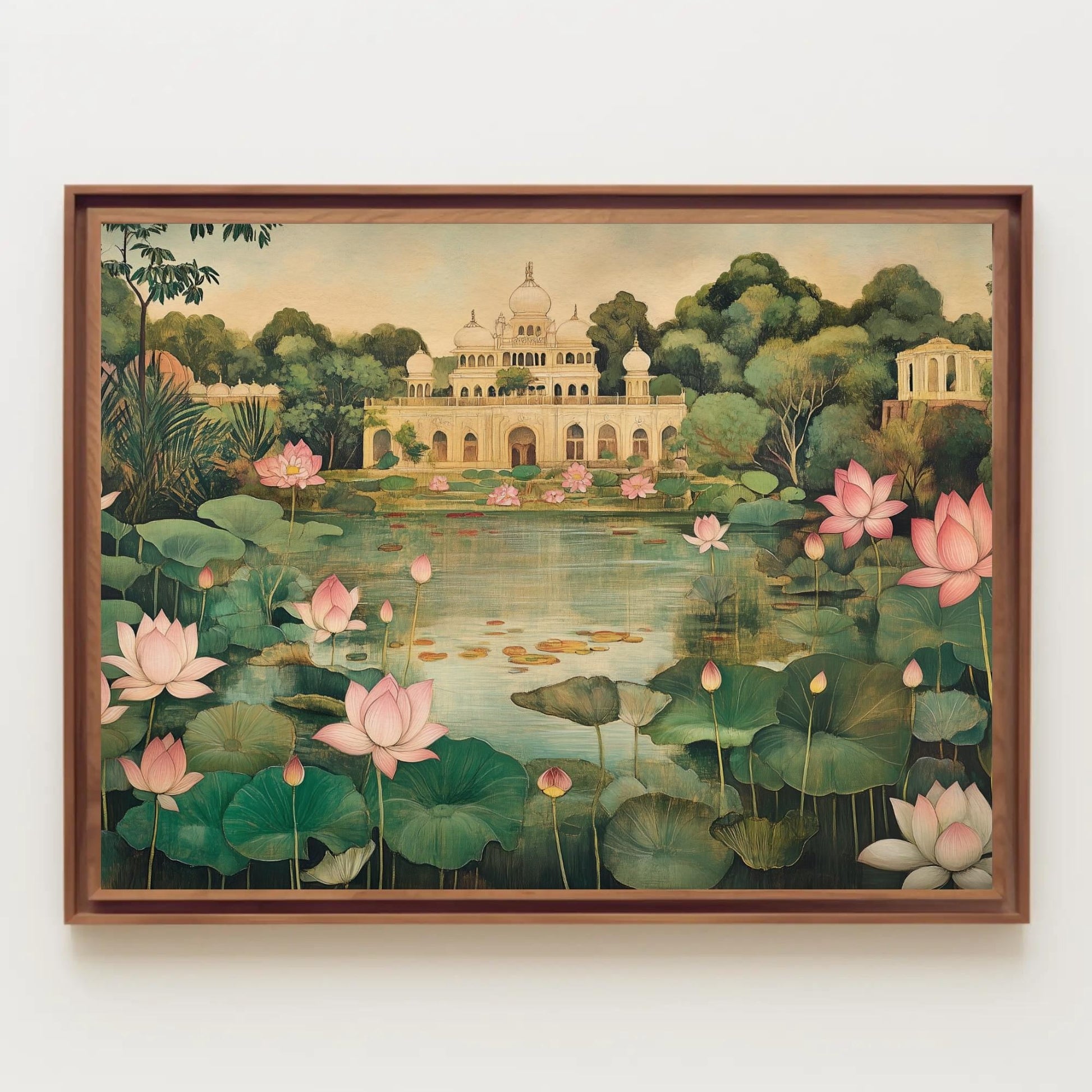 Mughal Garden Canvas Print, Indian Floral Lotus Pond Decor - Antarmada