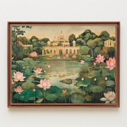 Mughal Garden Canvas Print, Indian Floral Lotus Pond Decor - Antarmada