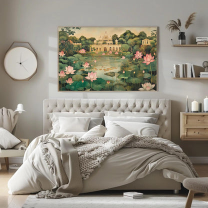 Mughal Garden Canvas Print, Indian Floral Lotus Pond Decor - Antarmada