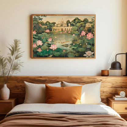 Mughal Garden Canvas Print, Indian Floral Lotus Pond Decor - Antarmada