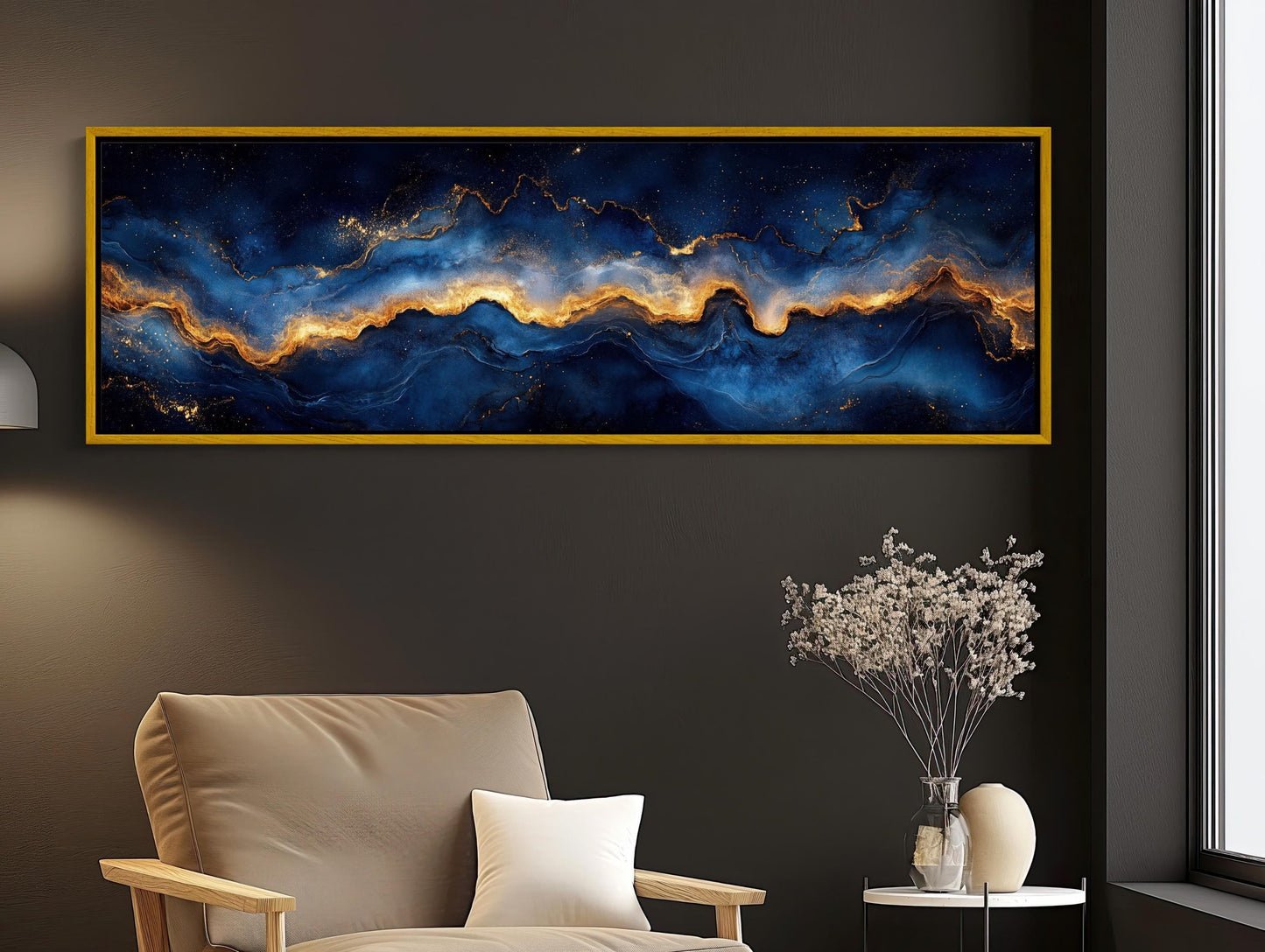 Navy Gold Galaxy Canvas - Panoramic Wall Art | Luxury Abstract Galaxy Print - Antarmada