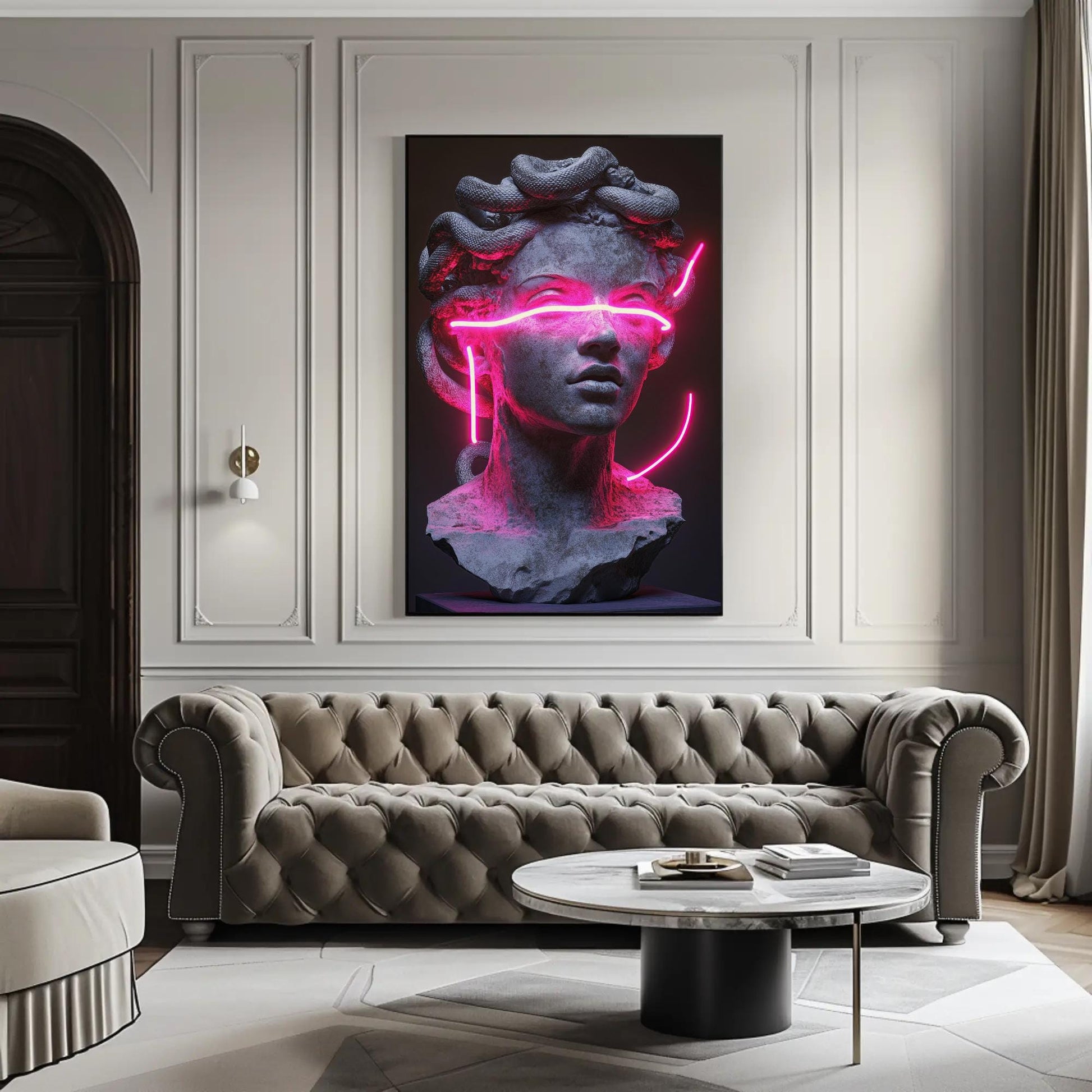 Neon Medusa Canvas Print, Cyberpunk Pink Wall Art Decor - Antarmada