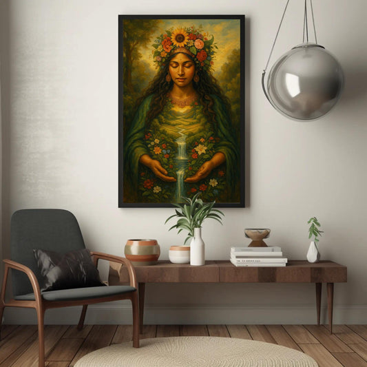 Pachamama Canvas Print – Earth Goddess Art | Floral River Painting, Museum Grade - Antarmada
