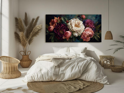 Peony Canvas Wall Art – Dark Floral Canvas | Romantic Bedroom Decor Print - Antarmada