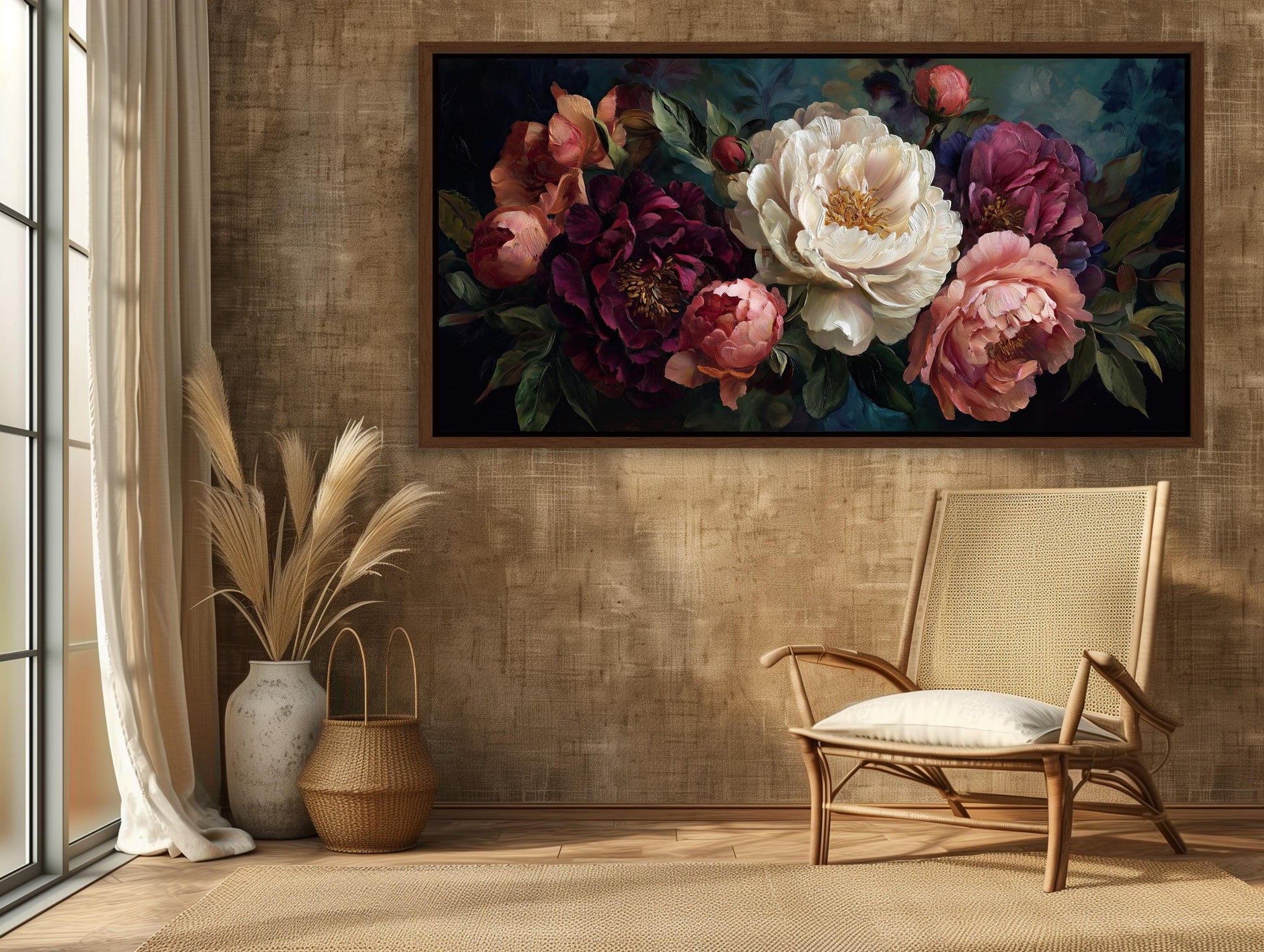 Peony Canvas Wall Art – Dark Floral Canvas | Romantic Bedroom Decor Print - Antarmada