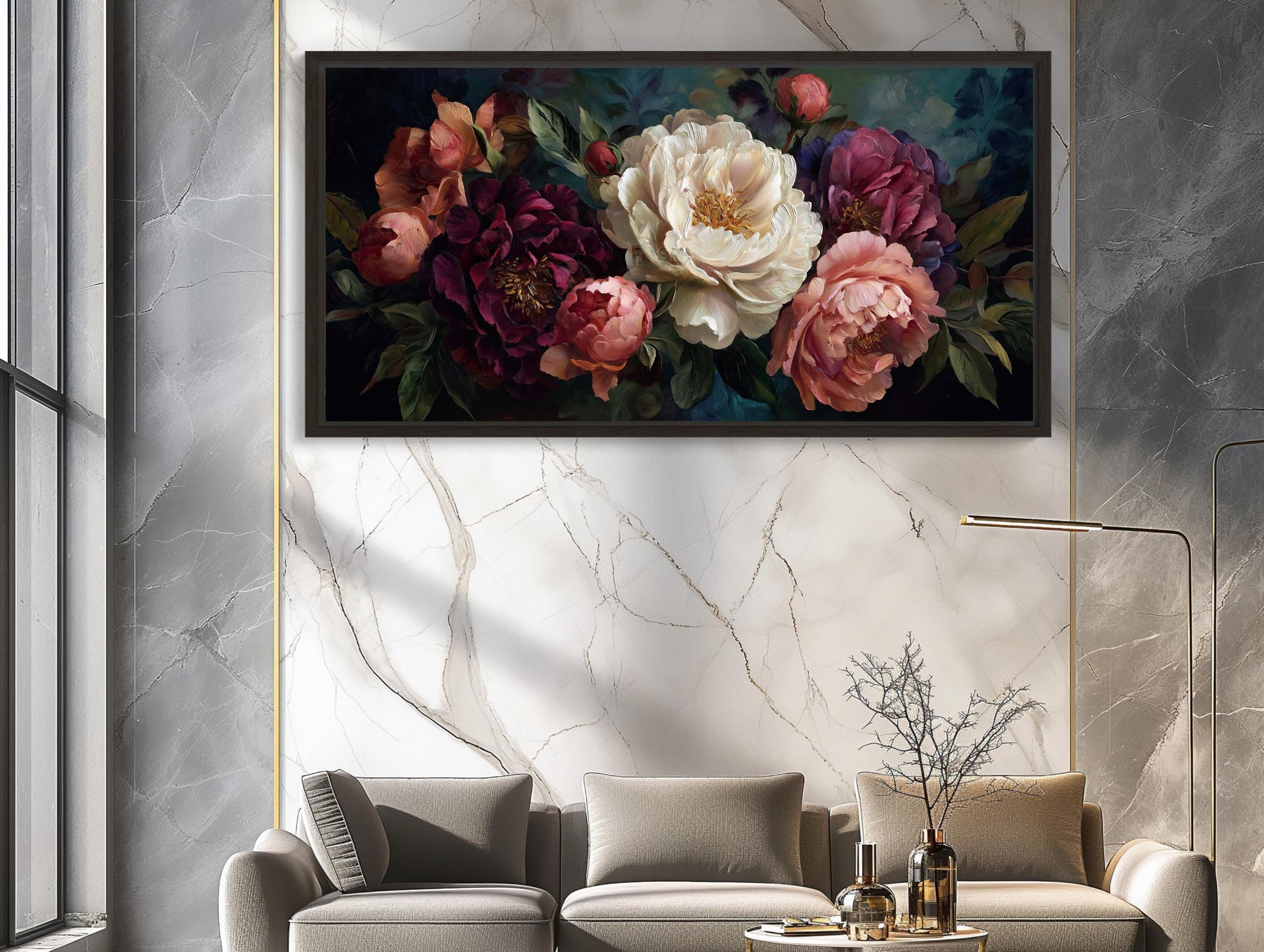 Peony Canvas Wall Art – Dark Floral Canvas | Romantic Bedroom Decor Print - Antarmada
