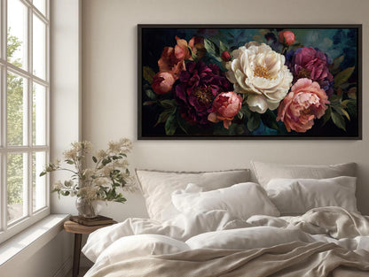 Peony Canvas Wall Art – Dark Floral Canvas | Romantic Bedroom Decor Print - Antarmada