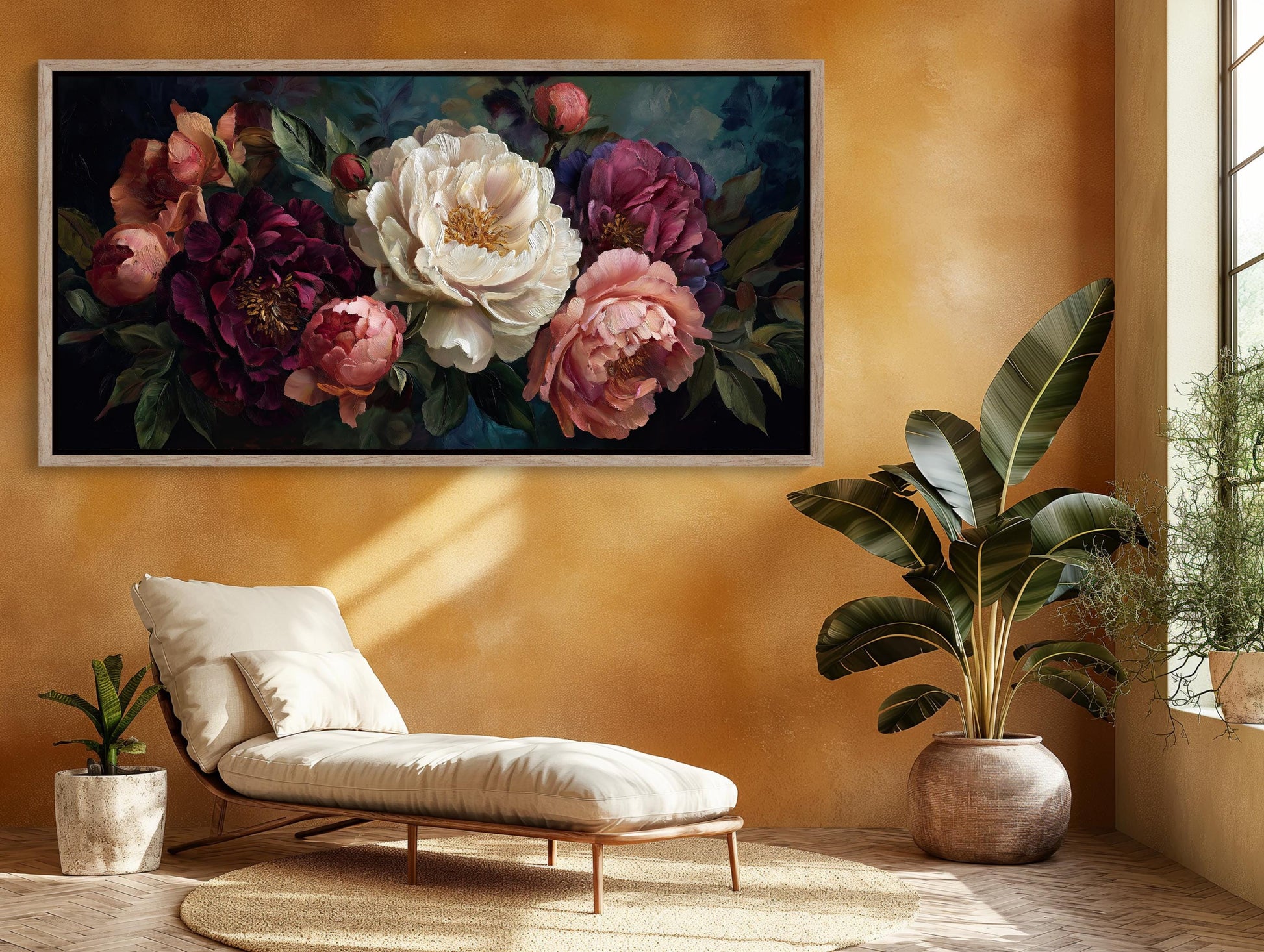 Peony Canvas Wall Art – Dark Floral Canvas | Romantic Bedroom Decor Print - Antarmada