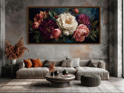 Peony Canvas Wall Art – Dark Floral Canvas | Romantic Bedroom Decor Print - Antarmada