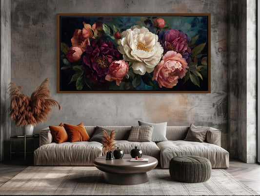 Peony Canvas Wall Art – Dark Floral Canvas | Romantic Bedroom Decor Print - Antarmada