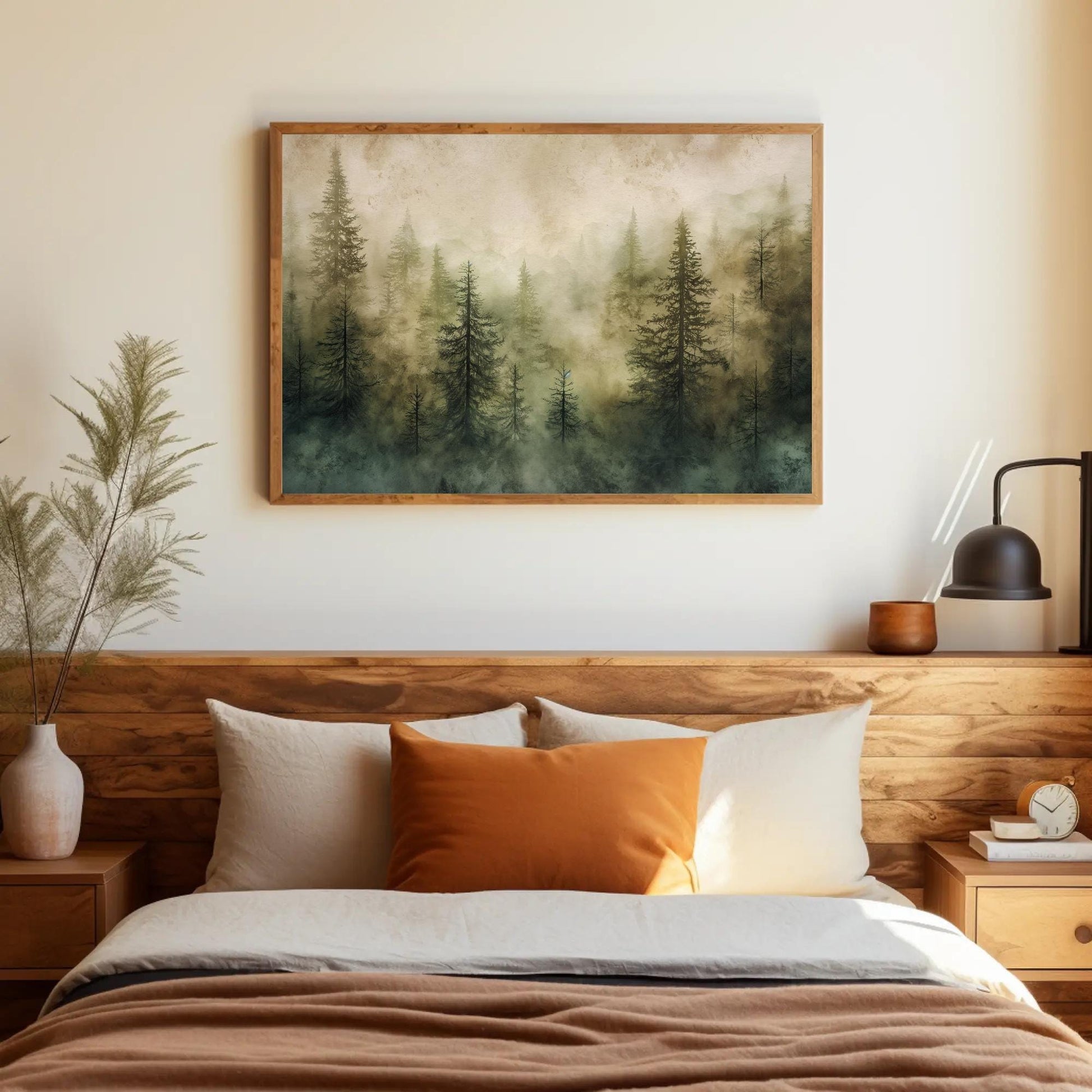 Pine Tree Forest , Watercolor Woodland canvas wall art shown in a styled room (view 5)