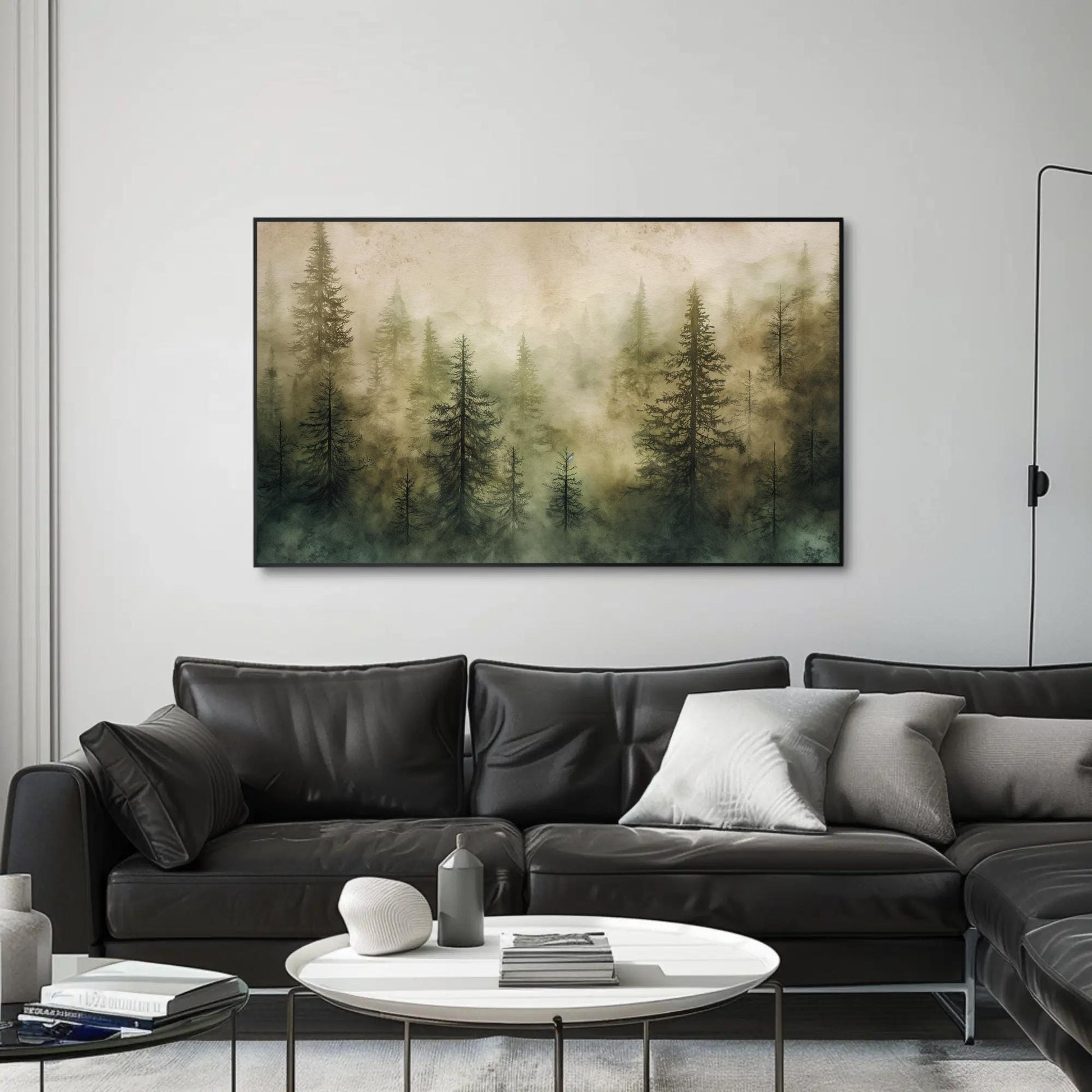 Pine Tree Forest , Watercolor Woodland canvas wall art shown in a styled room (view 2)