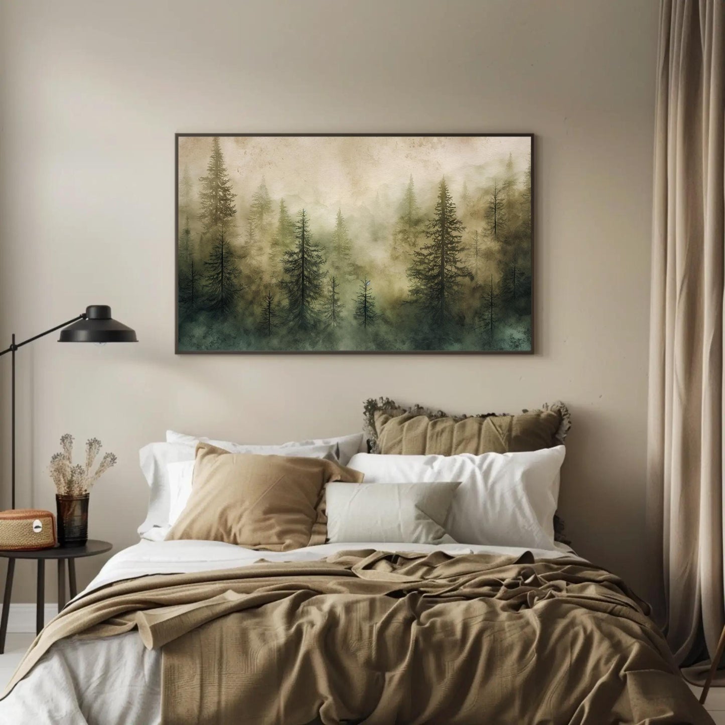 Pine Tree Forest , Watercolor Woodland canvas wall art shown in a styled room (view 7)