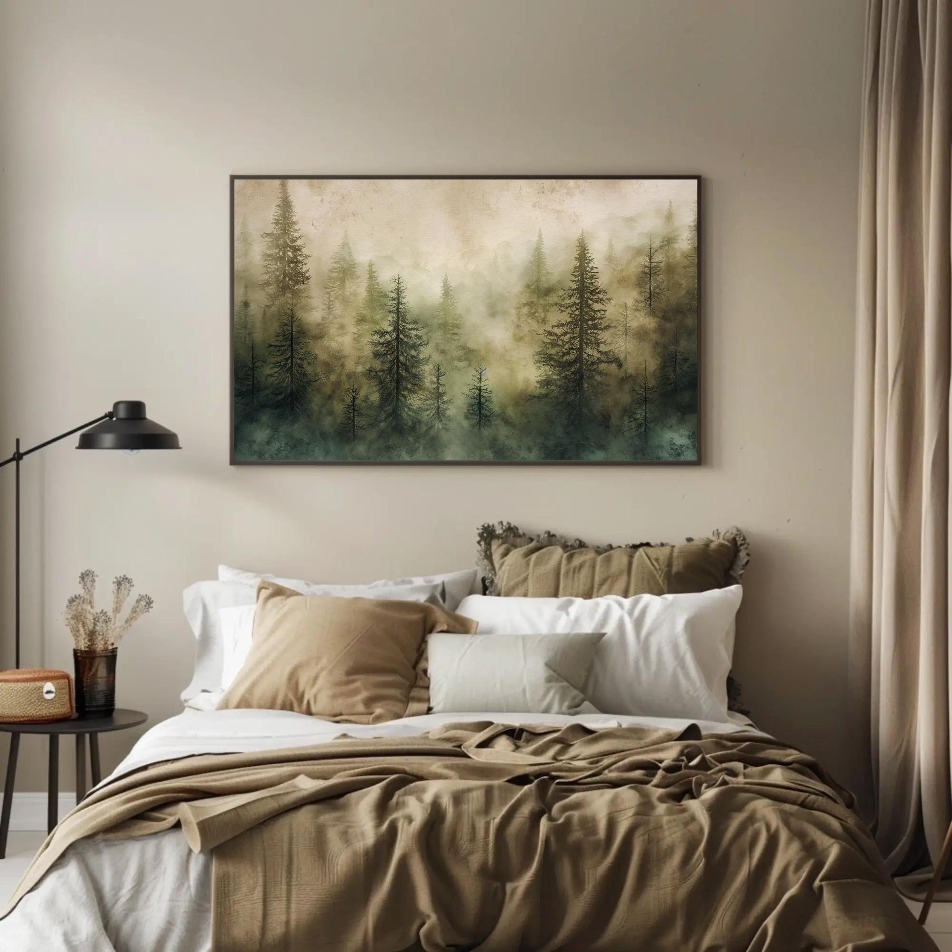 Pine Tree Forest , Watercolor Woodland canvas wall art shown in a styled room (view 7)
