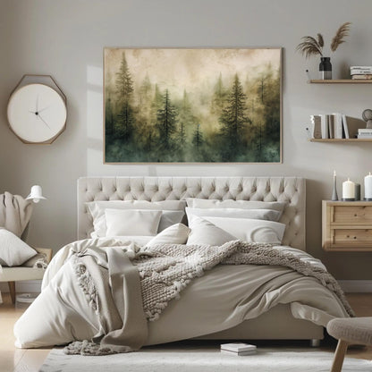Pine Tree Forest , Watercolor Woodland canvas wall art shown in a styled room (view 6)