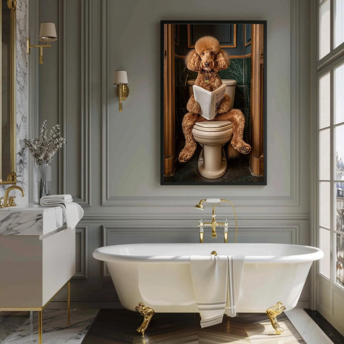 Poodle Dog Canvas Print – Funny Bathroom Art | Whimsical Brown Poodle Decor - Antarmada