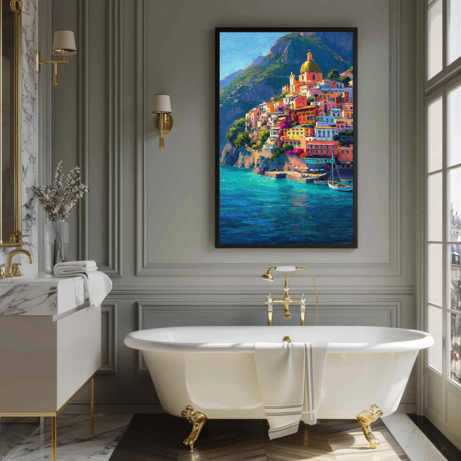 Positano Amalfi Coast Painting – Vertical Italian Village Canvas Print | Mediterranean Wall Art - Antarmada