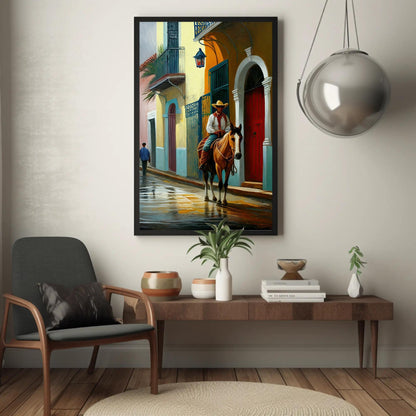 Puerto Rican Canvas Art – Jibaro Horse Rider on Museum-Grade Framed Canvas - Antarmada