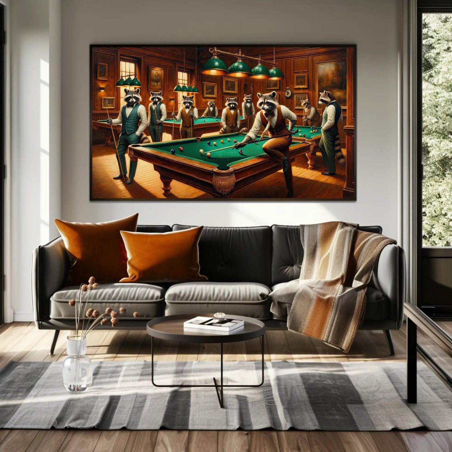 Raccoons Playing Pool - Framed Canvas Print | Whimsical Animal Wall Art - Antarmada