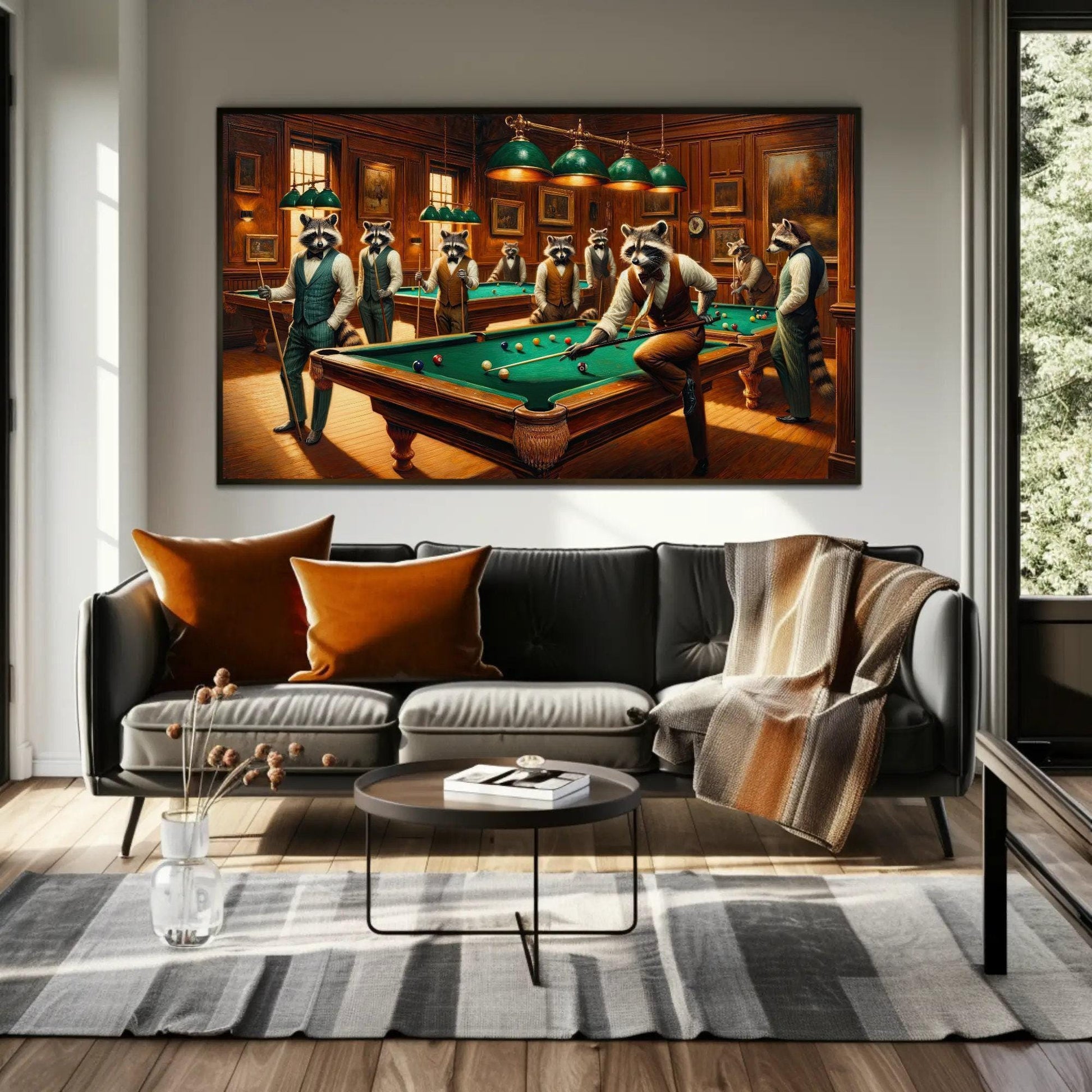 Raccoons Playing Pool - Framed Canvas Print | Whimsical Animal Wall Art - Antarmada