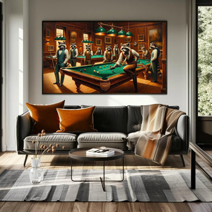 Raccoons Playing Pool - Framed Canvas Print | Whimsical Animal Wall Art - Antarmada