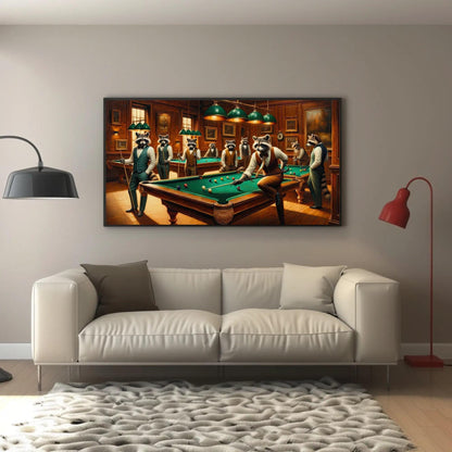 Raccoons Playing Pool - Framed Canvas Print | Whimsical Animal Wall Art - Antarmada