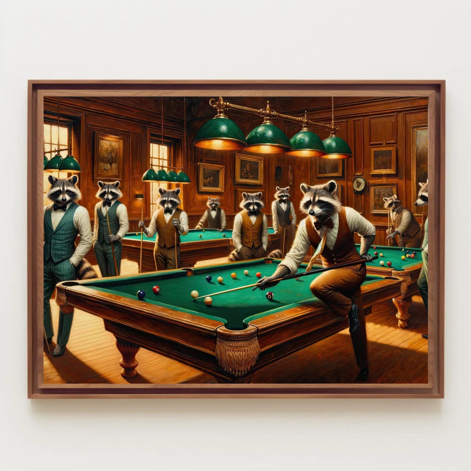 Raccoons Playing Pool - Framed Canvas Print | Whimsical Animal Wall Art - Antarmada