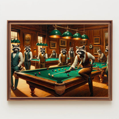 Raccoons Playing Pool - Framed Canvas Print | Whimsical Animal Wall Art - Antarmada