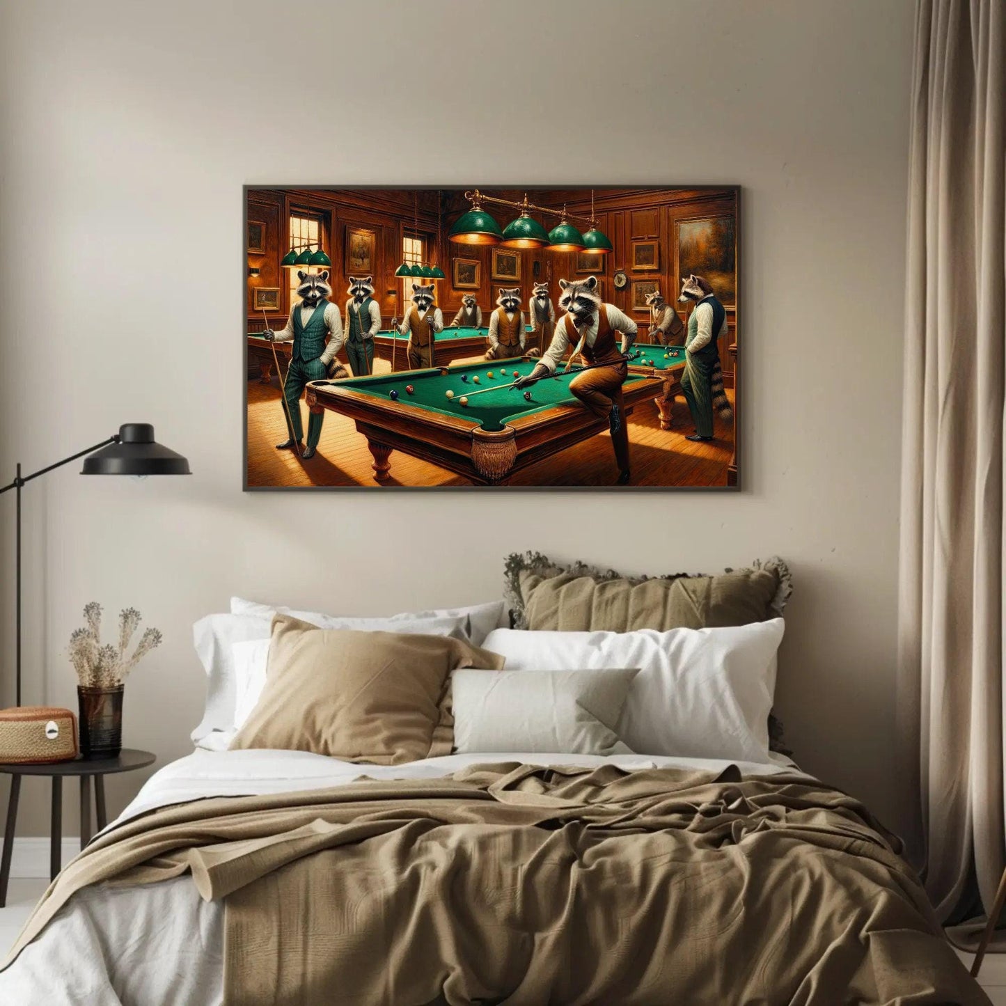 Raccoons Playing Pool - Framed Canvas Print | Whimsical Animal Wall Art - Antarmada
