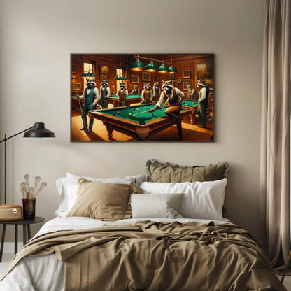 Raccoons Playing Pool - Framed Canvas Print | Whimsical Animal Wall Art - Antarmada