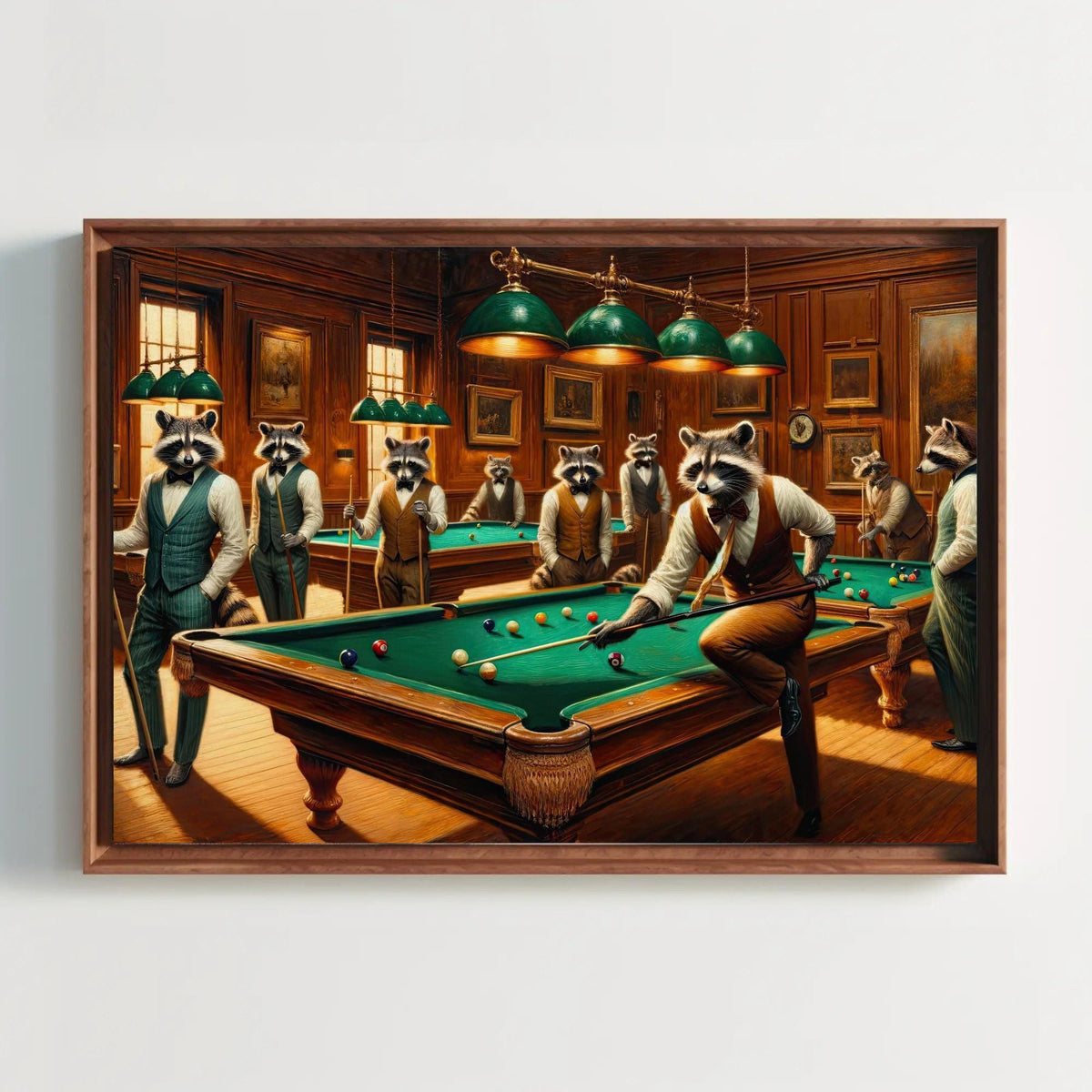 Raccoons Playing Pool - Framed Canvas Print | Whimsical Animal Wall Art - Antarmada