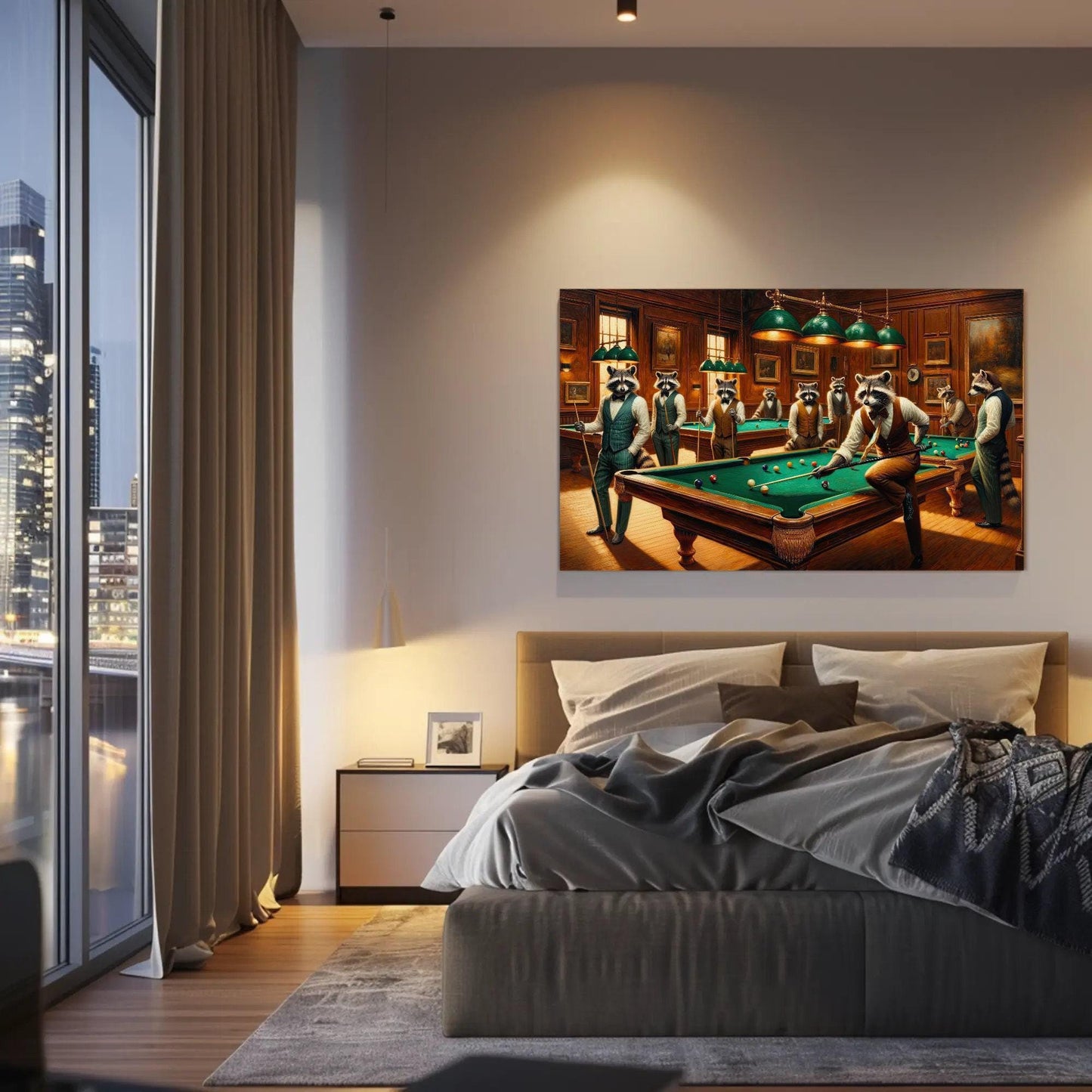 Raccoons Playing Pool - Framed Canvas Print | Whimsical Animal Wall Art - Antarmada