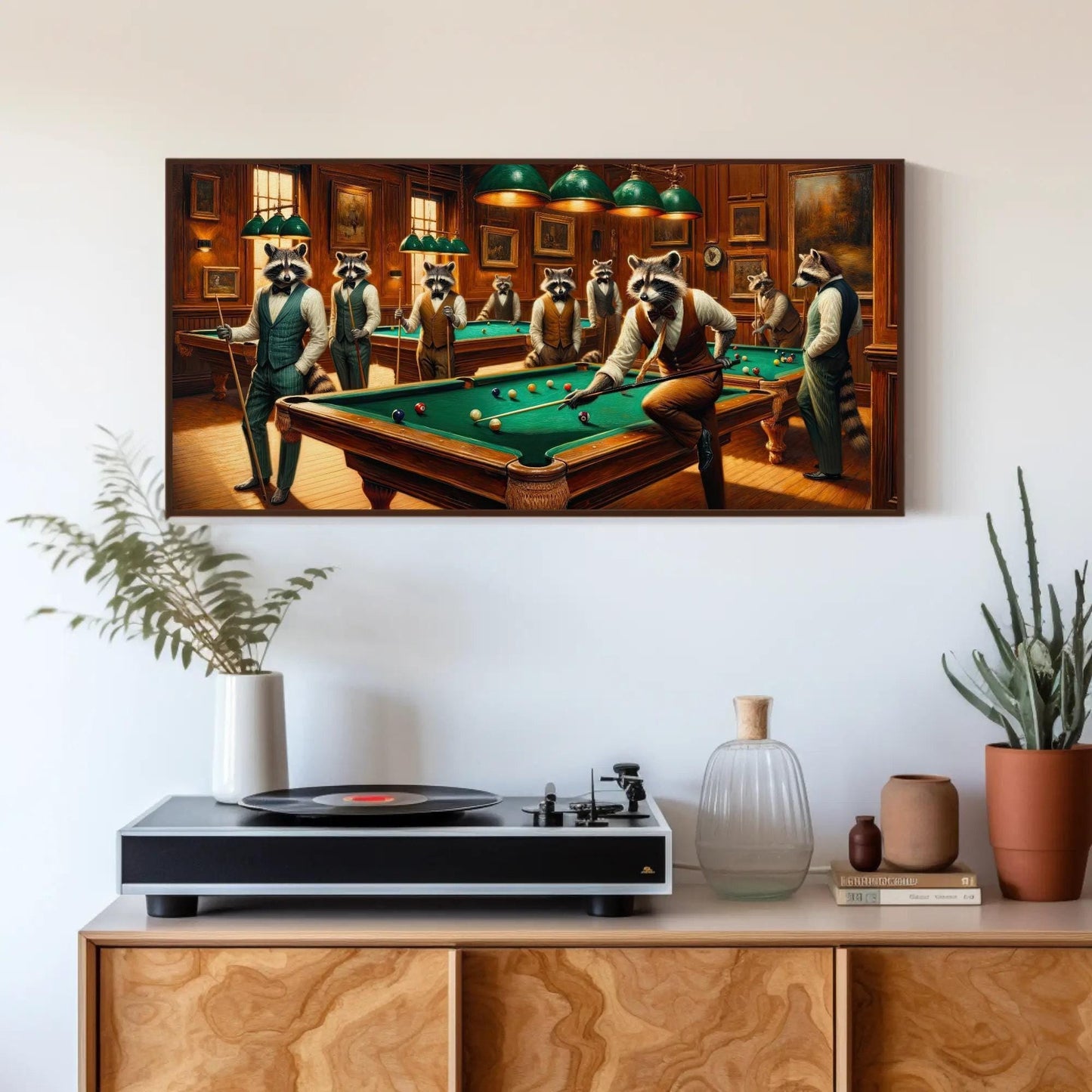 Raccoons Playing Pool - Framed Canvas Print | Whimsical Animal Wall Art - Antarmada