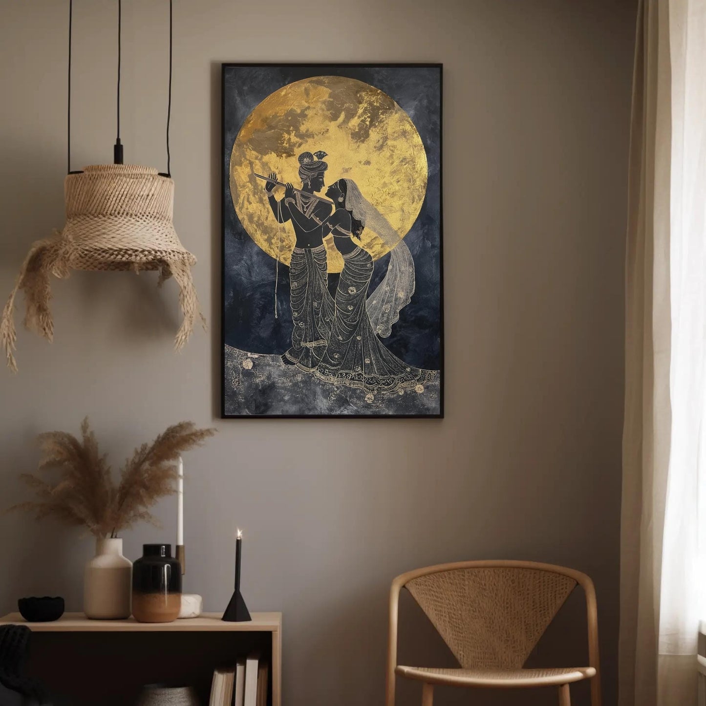 Radha Krishna Oil Painting , Divine Love canvas wall art shown in a styled room (view 4)